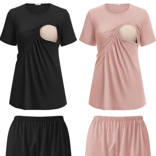 Ekouaer 2 Pack Women's Nursing Pajamas Set Double Layer Maternity Pjs Postpartum Loungewear Set Breastfeeding Tops & Shorts