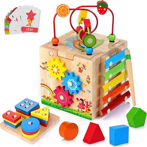 Batlofty Wooden Activity Cube | 8-in-1 Montessori Toys for Boys & Girls 1+ Years Old, Educational Learning Toy for Toddlers Age 1-2, Ideal 1st Birthday Gift | Bonus Sorting & Stacking Board