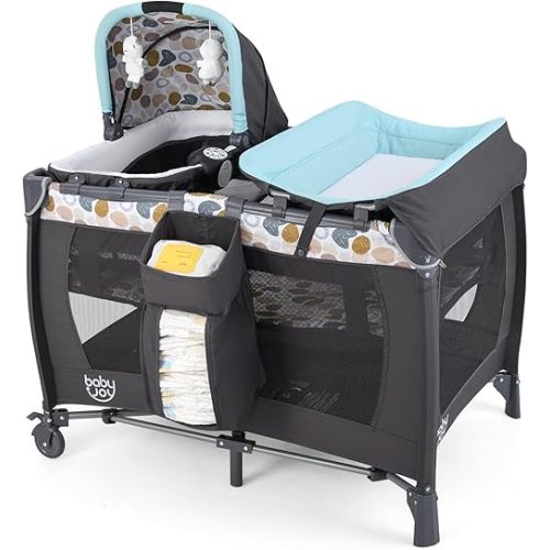 BABY JOY 5 in 1 Pack and Play, Portable Baby Playard w/Bassinet & Diaper Changing Table, Infant Nursery Center Bassinet with Toys & Music & Oxford Bag for Baby Toddlers (Blue, Dot Circle)