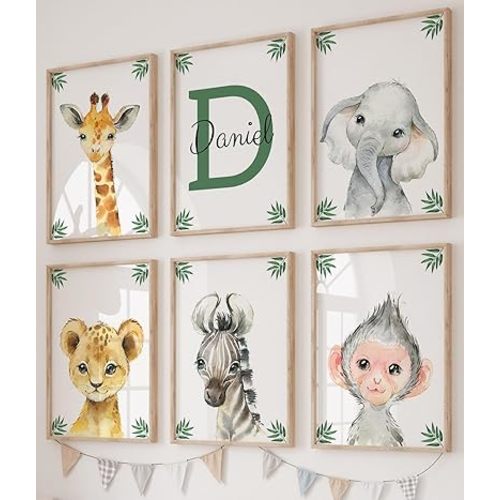 Personalized Safari Animals for Baby Boy Girl Nursery Bedroom Unframed Set of 6 Poster Prints, Green Jungle Leaves Wall Art Decor New Baby Gift Present, Elephant Giraffe Lion Panda Zebra (9x12)