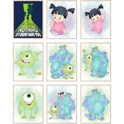 BigWig Prints Monsters Inc. Wall Art - Pixar Character Posters, Sully and Mike Wazowski Art, Kids Room Decor, Cute Colorful Nursery Artwork, Inspirational Quote - Unframed Set of 9 (8x10)