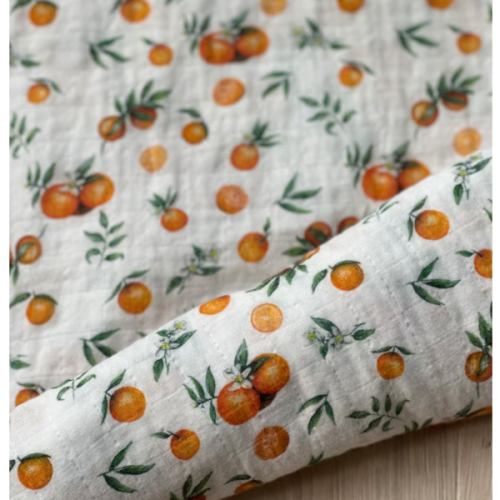 100% GOTS organic cotton muslin baby swaddle blanket large 47” orange fruit and blossom  print