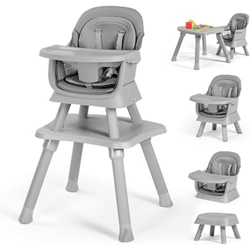 Kinder King Baby High Chair, 8 in 1 Coverts to Dining Booster Seat/Kids Table & Chair Set/Toddler Building Block Table/Kids Stool, Removable Tray & Double Seat Cover, Grey & White