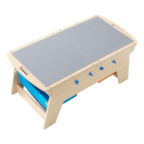 VEVOR Kids Reversible Wooden Activity Table, Multi-Purpose Activity Play Table with 200 Building Bricks & 3 Storage Bins for Kids 3+ Years, Natural