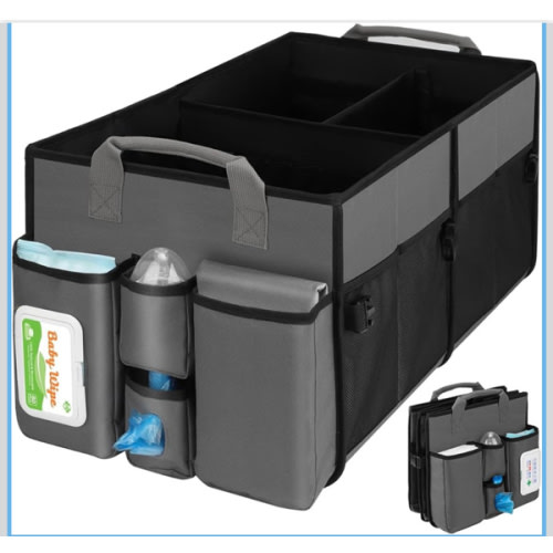 Collapsible Trunk Organizer & Diaper Changing Station, Baby Diaper Caddy Organizer with Movable Dividers, Easy-to-Reach for Back Seat Travel Car Organizer, Waterproof Car Trunk Organizer Groceries