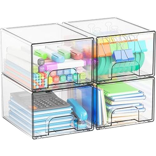 Yieach 4 Pack Stackable Storage Drawers,4.4" Tall Makeup Organizer Countertop,Clear Acrylic Storage Containers Bins for Vanity,Bathroom,Undersink,Plastic Baby Bottle and Medicine Cabinet Organization