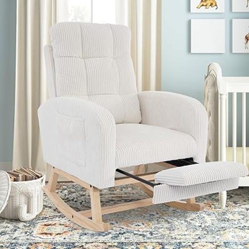 Nursery Rocking Chair with Retractable Foot Rest, Glider Rocking Chairs, Mid Century Rocker, High Back, Solid Wood Legs, Corduroy Beige