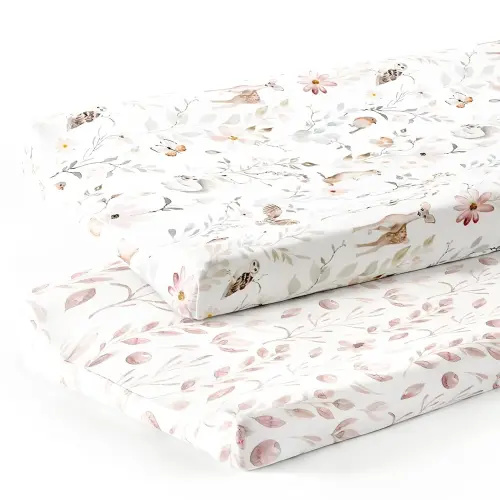 GRSSDER Lot de 2 housses de matelas à langer extensibles en jersey ultra doux pour table à langer de 81,3 cm/86,4 x 40,6 cm, sûres et confortables, beau imprimé floral rose pâle et animaux mignons