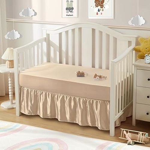 SiinvdaBZX 2-Piece Set Satin Crib Sheets & Crib Bed Skirt, 52" x 28" Silky Soft Ruffled Baby Crib Skirt with Adjustable Elastic 14" Drop, Fit for Standard Crib & Toddler Bedding (Beige)
