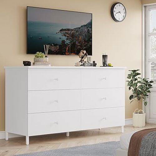 Hasuit 6 Drawers Double Dresser, Wooden Dressers with Heavy Sturdy Steel Frame, Large Capacity Storage Chest of Drawers, White Dresser for Bedroom, Living Room, Entryway