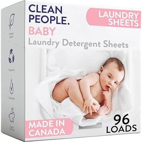 The Clean People Unscented Baby Laundry Detergent Sheets - Hypoallergenic - Ultra Concentrated, Recyclable Packaging, Fights Stains & Odors on Baby Clothes & Bedding - Fragrance Free, 96 Pack