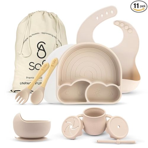 BPA-Free Non-Toxic Silicone Baby Feeding Set – Suction Plate, Bowl, Bib & Cup – 11-Piece Baby Led Weaning Set for Ages 6-18 Months – Eco Gift Bag (Royal Beige)