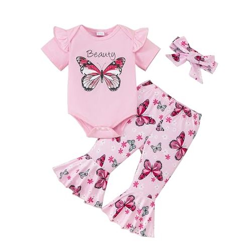 SUNNY PIGGY Baby Girl Clothes Infant Newborn Girls Outfits Romper with Headband Hat Pants Shorts Set 5Pcs