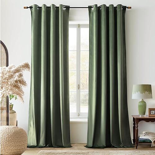 DriftAway Velvet Curtains Green Room Darkening Curtains 84 Inches Long 2 Panel Set Super Soft luxury Grommet Curtains Thermal Insulated Blackout Drapes for living room Bedroom Olive Green 52 inch wide