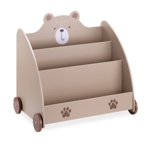 Navaris Kids Bookcase with 3 Shelves, Wheels, and Brown Bear Design