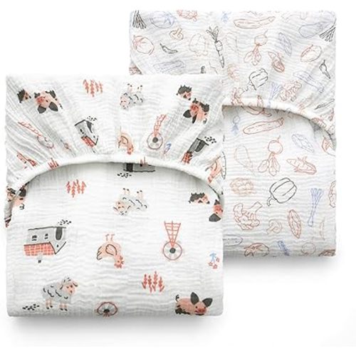 Momcozy Best Wishes Muslin Standard Fitted Crib Sheets, 52"x28", 2 Pack Soft Breathable Natural Cotton Baby Mattress Sheet, 360° Mattress Wrapping Boys Girls Neutral Toddler Bed Sheet, Farming Joy