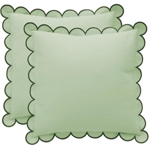 Green Scalloped Pillow Cover - Set of 2-18 x 18 Inch - Scallop Pillow Cover - Scalloped Pillows - Scallop Pillows - 100% Cotton - Grandmillennial Style (Moss Green/Green)