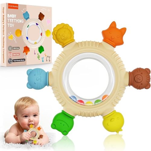 Baby Teething Toys for 3-6 6-12 Months, BPA Free Silicone Teething Rings Toys, Baby Teether Relief Chew Toy with Rattle, Sensory Toy for Infant Newborn, Babies Essential for Boys Girls 0-24 Months