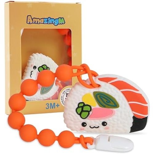 Baby Food Grade Silicone Teether Toy with One Piece Design Pacifier Clip Holder,Teething Pain Relief Toys Gift Set for 3 Months+ Boys and Girls,Freezer Safe,BPA Free. (Sushi)