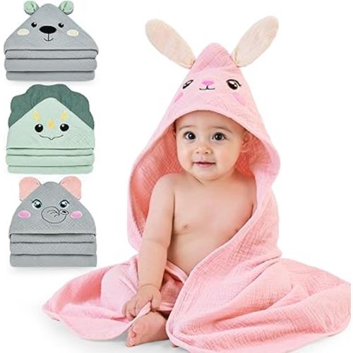 FIOBEE Hooded Baby Towels 100% Muslin Baby Bath Towels for Newborn with Animal Design Ultra-Soft and Absorbent Bath Essentials for Toddler, Unisex Girls Boys 30 x 30 inch, Pink Bunny