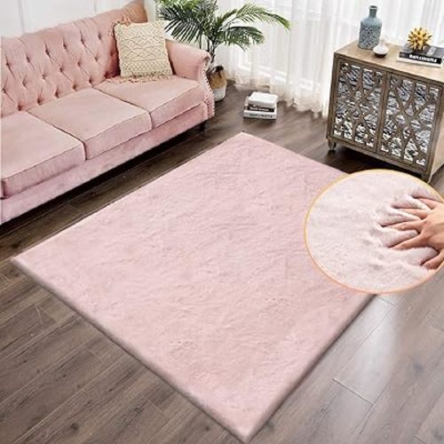 ORINOVA Pink Washable Fluffy 5x8 Area Rugs for Bedroom Plush Faux Rabbit Shag Fur Rug for Living Room Nursery Rug
