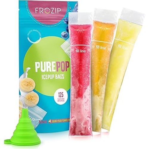 125 Disposable Ice Popsicle Mold Bags| BPA Free Freezer Tubes With Zip Seals | For Healthy Snacks, Yogurt Sticks, Juice & Fruit Smoothies, Ice Candy Pops| Comes With A Funnel (8x2")