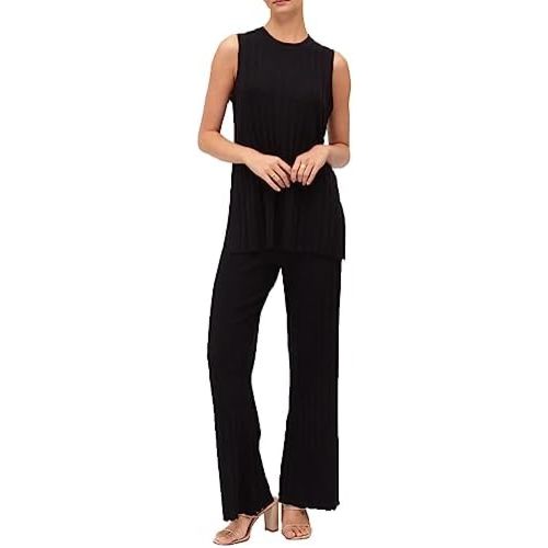 Awoscut Women Casual Knit 2 Piece Outfits Sleeveless Split Tank Tops and High Waist Wide Leg Pant Set Tracksuits Loungewear