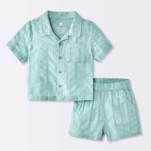 Baby Boys' Striped Button-Down T-Shirt and Cabana Shorts Set - Cloud Island™ Light Green Newborn