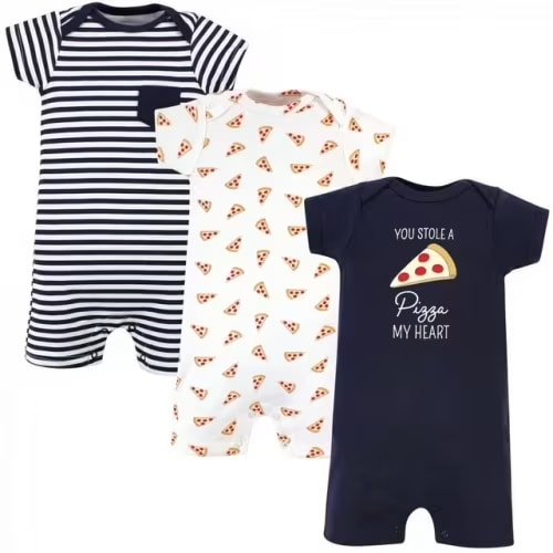 Hudson Baby Infant Boy Cotton Rompers 3pk, Pizza