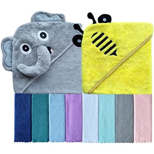 Sunny zzzZZ Baby Hooded Bath Towel and Washcloth Sets, Baby Essentials for Newborn Boy Girl, Baby Shower Towel Gifts for Infant and Toddler - 2 Towel and 8 Washcloths - Yellow Bee and Grey Elephant