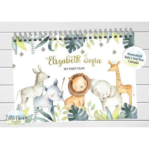Safari Animals First Year Calendar with Milestone Stickers, Jungle Animals First Year Calendar Journal Keepsake, Baby gift, Baby Shower Gift
