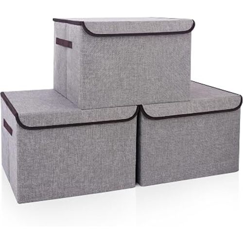 Bagnizer Large 17" 42 Quarts Collapsible Stackable Storage Bins with Lids [3-Pack] Foldable Fabric Linen Storage Boxes Cube, Closet Organizer Baskets with Label for Home (16.7 x 12 x 12, Gray)
