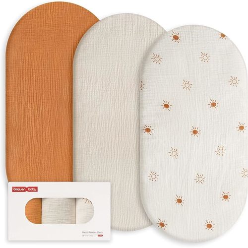 Gllquen Baby Muslin Bassinet Sheets 3 Pack, Breathable Elastic Cozy Fitted Cotton Bassinet Mattress Sheet for Baby Boy Girls, Fit for Hourglass Oval Rectangular Cradle Pad Sheets 33"x17" (Sunshine)