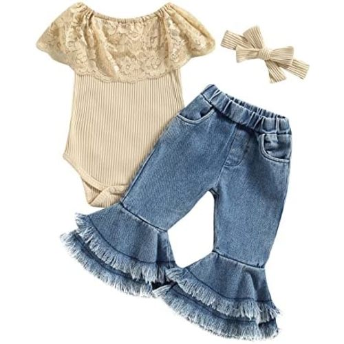 Infant Baby Girls Long Sleeve Lace Solid Romper Flare Denim Jeans Pants Headband Newborn Cute 3Pcs Fall Outfits