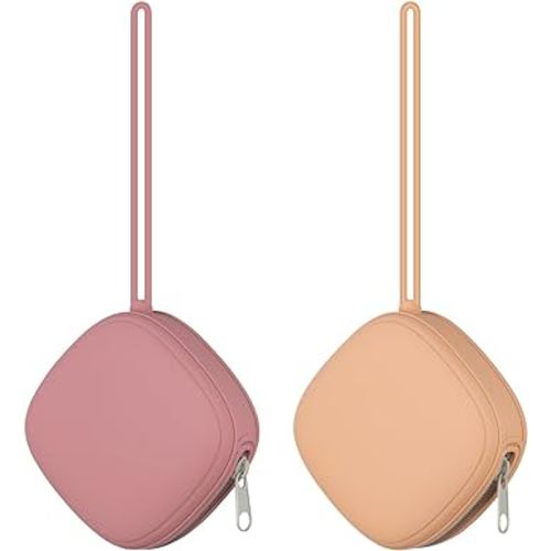 2 Pack Silicone Pacifier Holder Case, Portable Silicone Pacifier Case for Diaper Bag, BPA Free Newborn Baby Pacifiers Silicone Pouch for Boys & Girls (Apricot+Powder Rose)