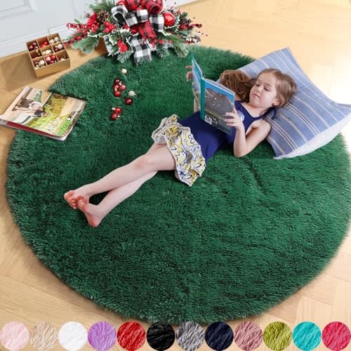 Amdrebio Deep Green Fluffy Round Rug for Bedroom, Thick Floor Circle Rug 5x5 for Kids, Teens Room Decor, Furry Shag Area Rug for Living Room, Baby Nursery, Fuzzy Plush Fur Carpet for Classroom, Dorm