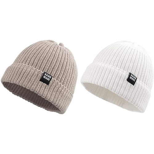 Simple Knitted Baby Beanie Hip-Hop Boys Winter Hat Toddler Kids Bonnet for Girls 0-5Y - White+beige - 6-24 Months