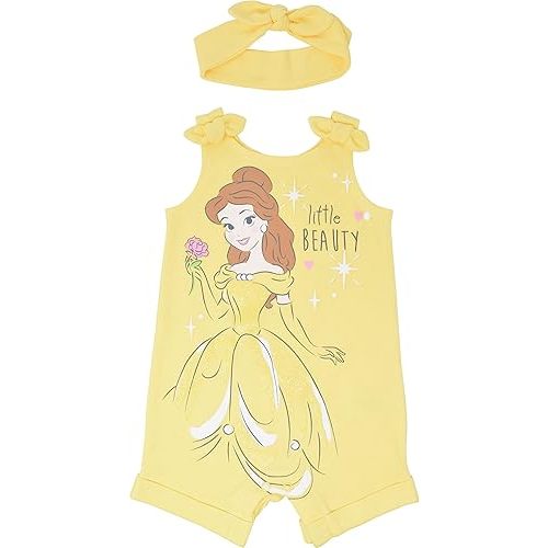 Disney Princess Rapunzel Ariel Belle Jasmine Aurora Baby Girls Snap Romper and Headband Newborn to Toddler - Yellow