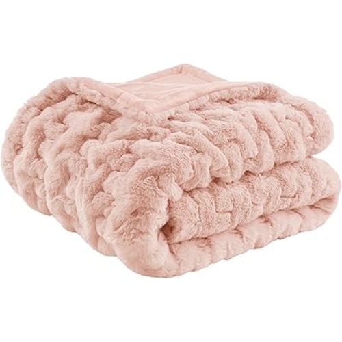 Madison Park Ruched Luxury Throw Premium Soft Cozy Brushed Long Faux Fur For Bed, Couch or Sofa, 50"x60", Blush