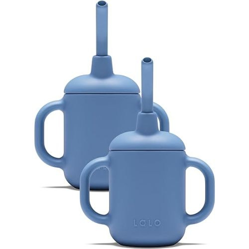Lalo Little Cup 2-Pack, Non-Toxic Silicone Straw Cup with Handles - Baby and Toddler Sippy Cup - Mini Cup and Straw Training System, 4oz, Blueberry