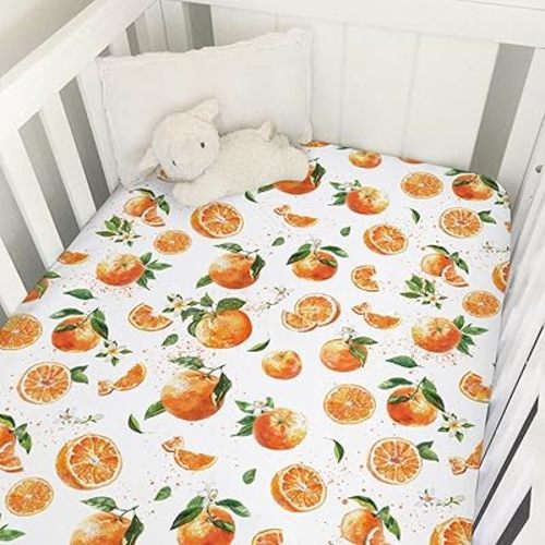 Watercolor Oranges Baby Crib Sheets 52''x28'' Retro Oranges Floral Leaves Stretchy Fitted Crib Mattress Cover for Boy Girl Boho Summer Fruits Soft Bed Sheets for Standard Crib Toddler Mattress