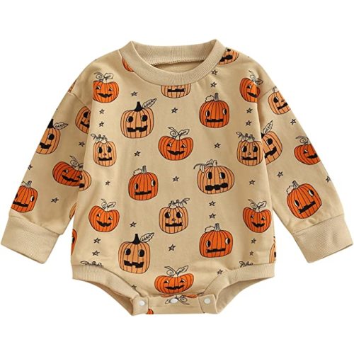 Halloween Baby Boy Girl Clothes Pumpkin Romper Sweatshirt Onesie Crewneck Oversized Long Sleeve Bodysuit Outfit - Ginger - 0-6 Months