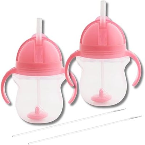 Munchkin Weighted Straw Sippy Cups for Toddlers 7oz, Leak Proof Easy to Hold-Great toddler cups with straws, Supports Straw-use Education, Straw Cups (Pink 2 Count)