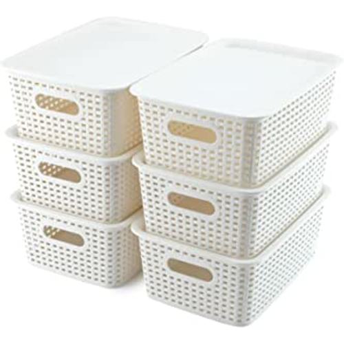 Amazon.com - AREYZIN Plastic Storage Baskets With Lid Organizing Container Lidded Knit Storage Organizer Bins for Shelves Drawers Desktop Closet Playroom Classroom Office, White, 6 Pack