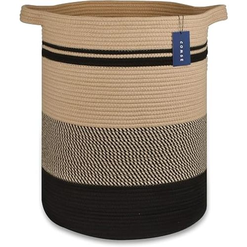 COMSE Extra Large Blanket Basket, Tall Laundry Basket, Nursery Hamper, 15.7”x 21.7”, Cotton Rope Woven Laundry Hamper for Storage Toys Clothes Towels, Brown/Black