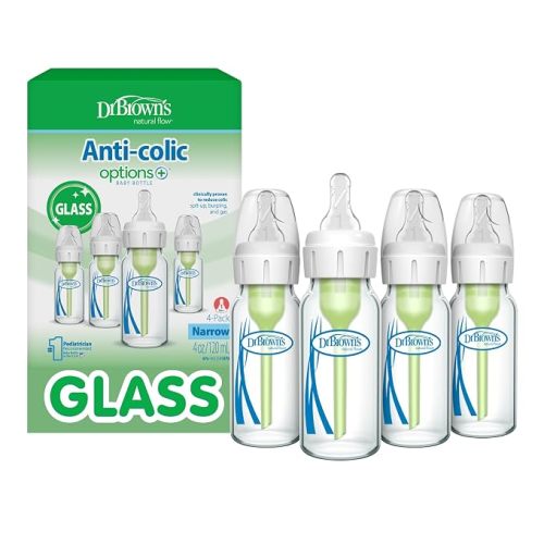 Dr. Brown's Anti-Colic Options+ Narrow Glass Baby Bottle with Level 1 Slow Flow Nipple, BPA-Free, 4 oz/120mL, 4-Pack
