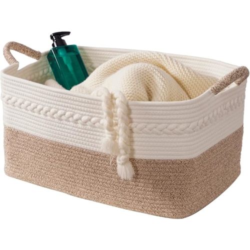 Decorative laundry basket with handles woven from natural cotton rope storage blankets for living room cute boho quilted gift baskets for clothes pillows toys 20"x14"x10",white/brown