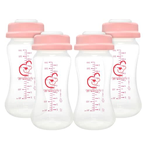 NENESUPPLY Storage Bottles Collection Bottles for Spectra S1 S2 Motif Luna Breast Pumps 4 pc 9oz 280ml with Collar and Sealing Disc. Breastmilk Storage Replace Spectra Bottles Wide-Mouth Bottles