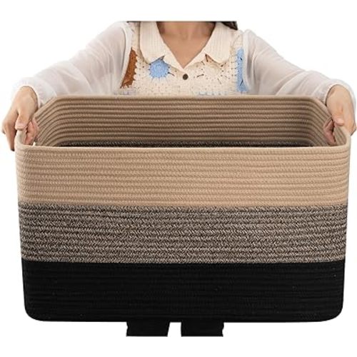 OIAHOMY Large Cotton Rope Basket, Rectangle Woven Baskets for Storage, Nursery Blanket Basket Living Room, Toy Basket with Handle, Large Baskets for Organizing-22”x17”x12”-Yellow Black