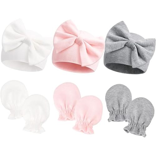 Newborn Beanie Hat Gloves Set, Baby Girl Beanie Spring Summer Autumn Winter Hats for Newborn Infant Cotton